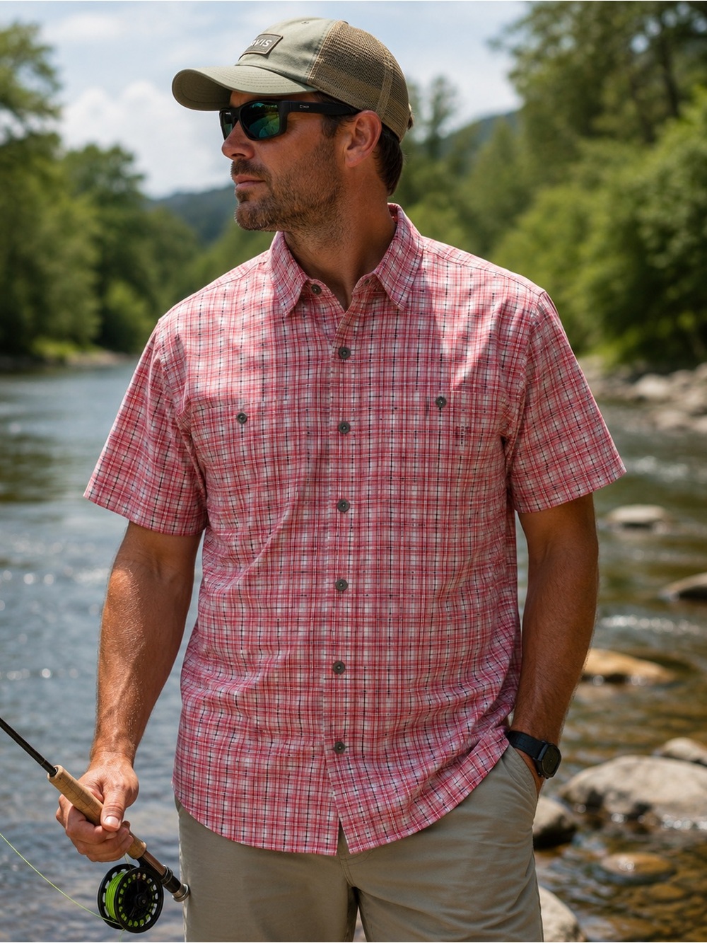 Orvis Men’s Red White Plaid Button Up Shirt Active Fit M Outdoors Fishing Hiking